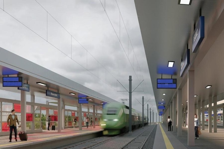 Wizualizacja nowoczesnej hali peronowej stacji Warszawa Wschodnia — przestronne zadaszenie ze stalowo-szklaną konstrukcją, pasażerowie na peronie i pociąg przy krawędzi