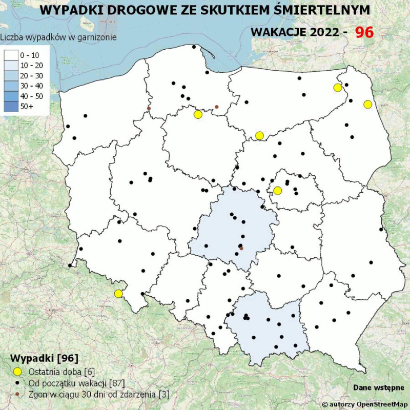 Policyjna mapa wypadków drogowych ze skutkiem śmiertelnym – Wakacje 2022