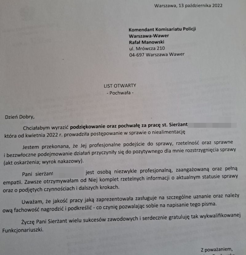 Podziękowanie za bardzo dobrą pracę dla bardzo dobrej policjantki