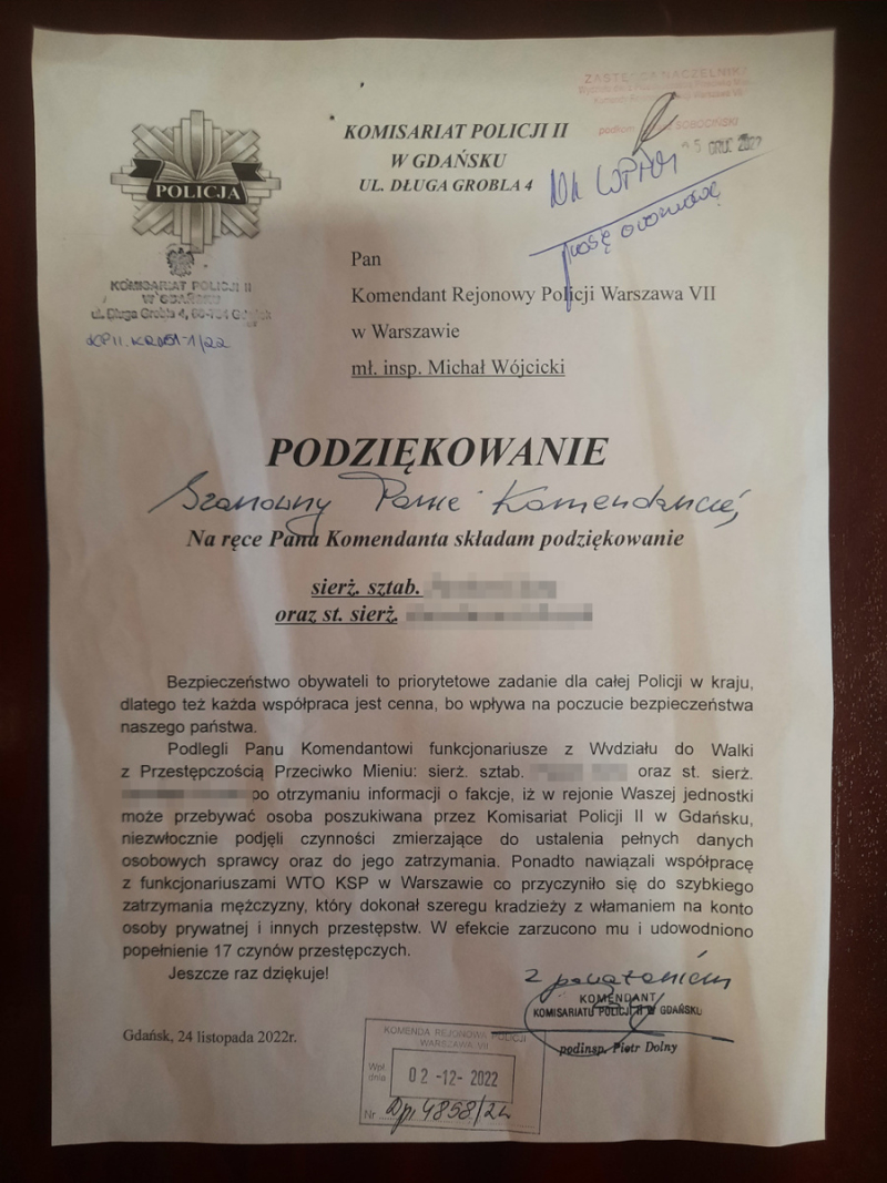 Policjanci wydziału mienia docenieni i pochwaleni przez gdańską Policję