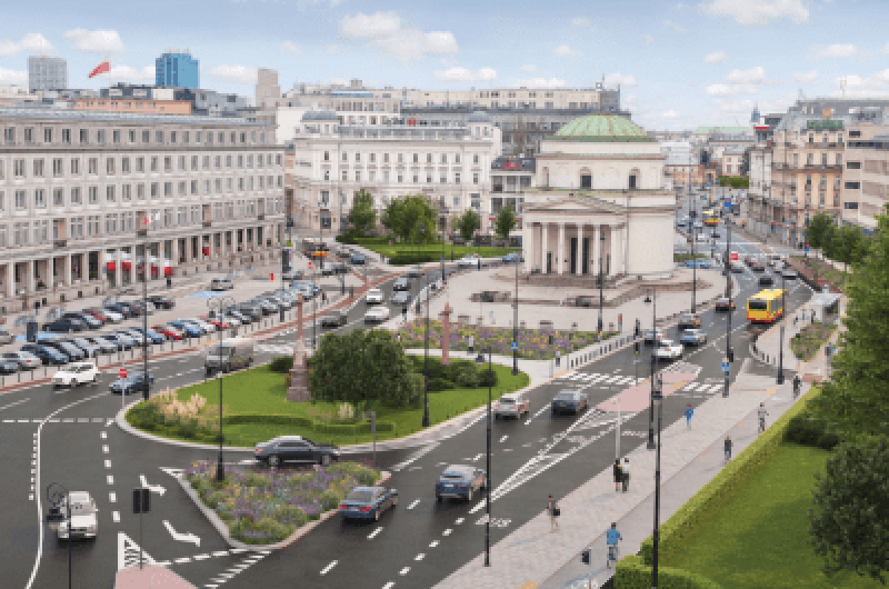 Plac trzech żywiołów – zieleń, piesi i rowerzyści na placu Trzech Krzyży