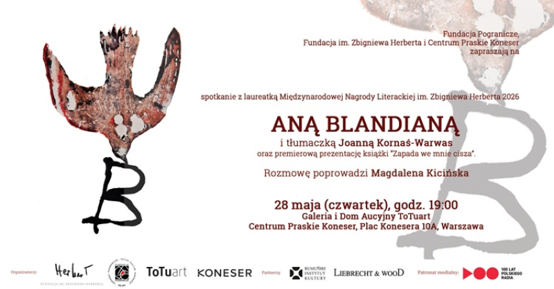 Laureatka Nagrody Herberta w Warszawie. Wieczór z Aną Blandianą w Koneserze — już w czwartek, 28.05.2026, wstęp wolny