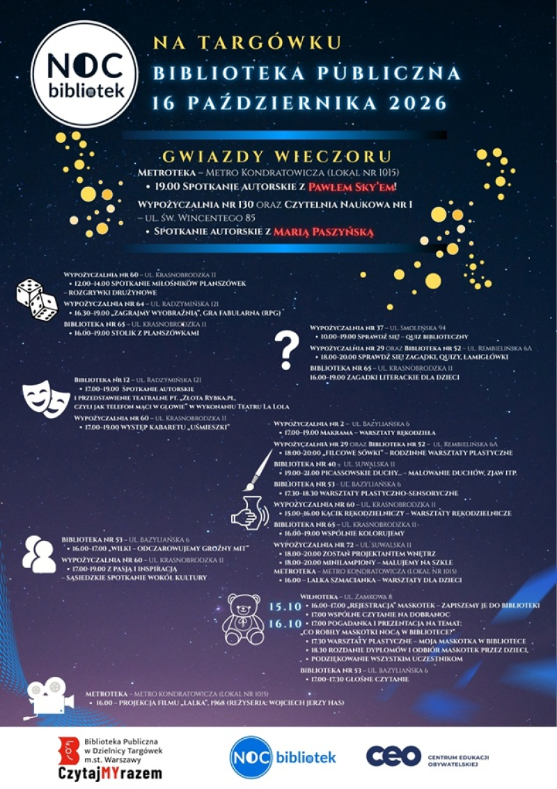 Noc Bibliotek 2026 na Targówku. Maria Paszyńska, warsztaty i nocowanka pluszaków