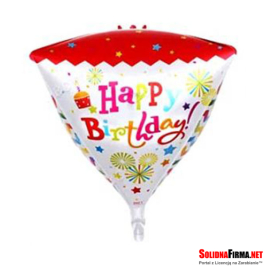 Trójkątny Balon Foliowy 3D z Napisem Happy Birthday - czerwono biały - 81 x 65 cm