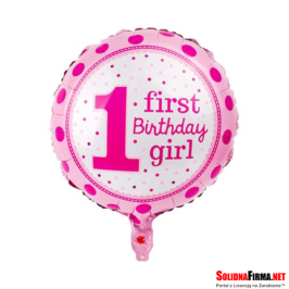Okrągły Balon Foliowy z Napisem - First Birthday- Girl - Różowy - 18 Cali