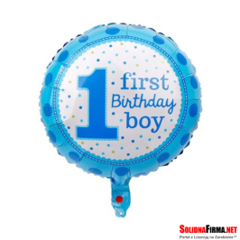 Okrągły Balon Foliowy z Napisem - First Birthday Boy - Niebieski - 18 Cali