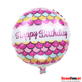 Okrągły Błyszczący Balon Foliowy z Napisem Happy Birthday - Różowy - 18 Cali