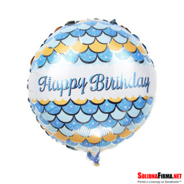 Okrągły Błyszczący Balon Foliowy z Napisem Happy Birthday - Niebieski - 18 Cali