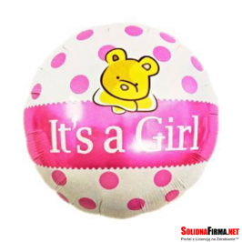 Okrągły Balon Foliowy z Misiem oraz Napisem - It’s a Girl - 18 Cali