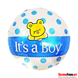 Okrągły Balon Foliowy z Misiem oraz Napisem - It’s a Boy - 18 Cali