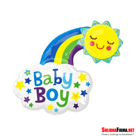 Balon Foliowy w Kształcie Tęczy z Chmurką - z Napisem Baby Boy - 76 x 66 cm
