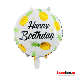 Okrągły Balon Foliowy z Motywem Ananasa - biało złoty - 18 Cali - z Napisem Happy Birthday