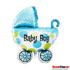 Niebieski Balon Foliowy w Kształcie Wózka z Napisem - Baby Boy