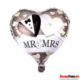 Balon Foliowy w Kształcie Serca z Napisem - MR and MRS - 18 Cali