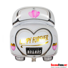 Weselny Balon Foliowy w Kształcie Samochodu z Napisem - Happy Forever - 63 x 50 cm