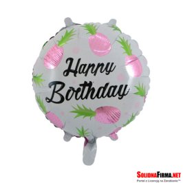 Okrągły Balon Foliowy z Motywem Ananasa - biało różowy - 18 Cali - z Napisem Happy Birthday