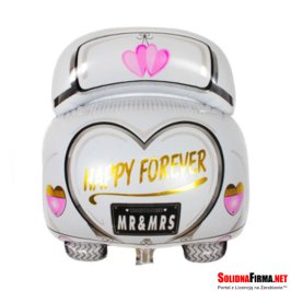 Weselny Balon Foliowy w Kształcie Samochodu z Napisem - Happy Forever - 63 x 50 cm