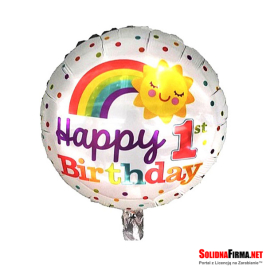 Okrągły Balon Foliowy z Tęczą i Napisem “ Happy 1st Birthday “ - 18 Cali