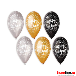 Balony Premium „Happy New Year”, złote, srebrne, czarne, 12" / 6 sztuk
