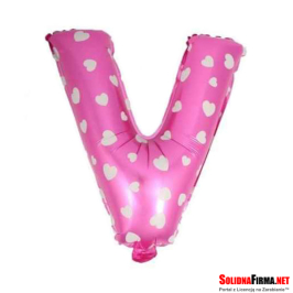 Balon Foliowy Litera "V" - różowy w serduszka - 45 cm