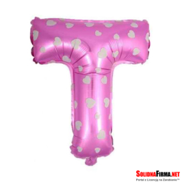 Balon Foliowy Litera "T" - różowy w serduszka - 45 cm