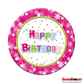 Talerze papierowe różowe z napisem 'Happy Birthday' - 6 sztuk