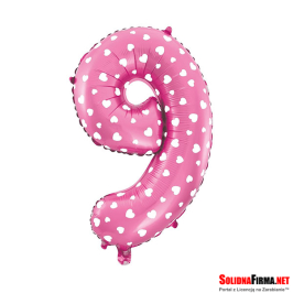 Balon foliowy Cyfra "9" - różowy w serca - 45cm