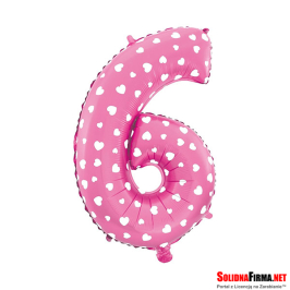 Balon foliowy Cyfra "6" - różowy w serca - 45cm