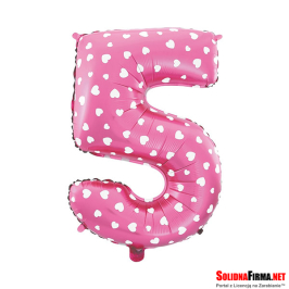 Balon foliowy Cyfra "5" - różowy w serca - 45cm