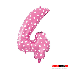 Balon foliowy Cyfra "4" - różowy w serca - 45cm