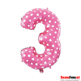 Balon foliowy Cyfra "3" - różowy w serca - 45cm