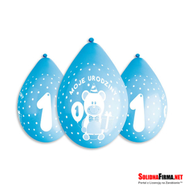 Balony Cyfra "1" + nadruk "Moje Urodziny" - niebieskie - 5 sztuk - 12'' - wiszące