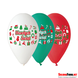 Balony Premium "Wesołych Świąt", 3 kolory, 12" / 5 szt.