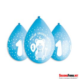 Balony Cyfra "1" + nadruk "Moje Urodziny" - niebieskie - 5 sztuk - 12'' - wiszące