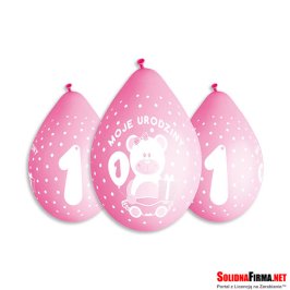 Balony Cyfra "1" + nadruk "Moje Urodziny" - różowe - 5 sztuk - 12'' - wiszące