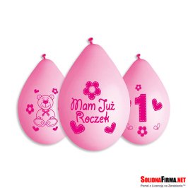 Balony Cyfra "1" + nadruk "Mam Już Roczek" - różowe - 5 sztuk - 12'' - wiszące